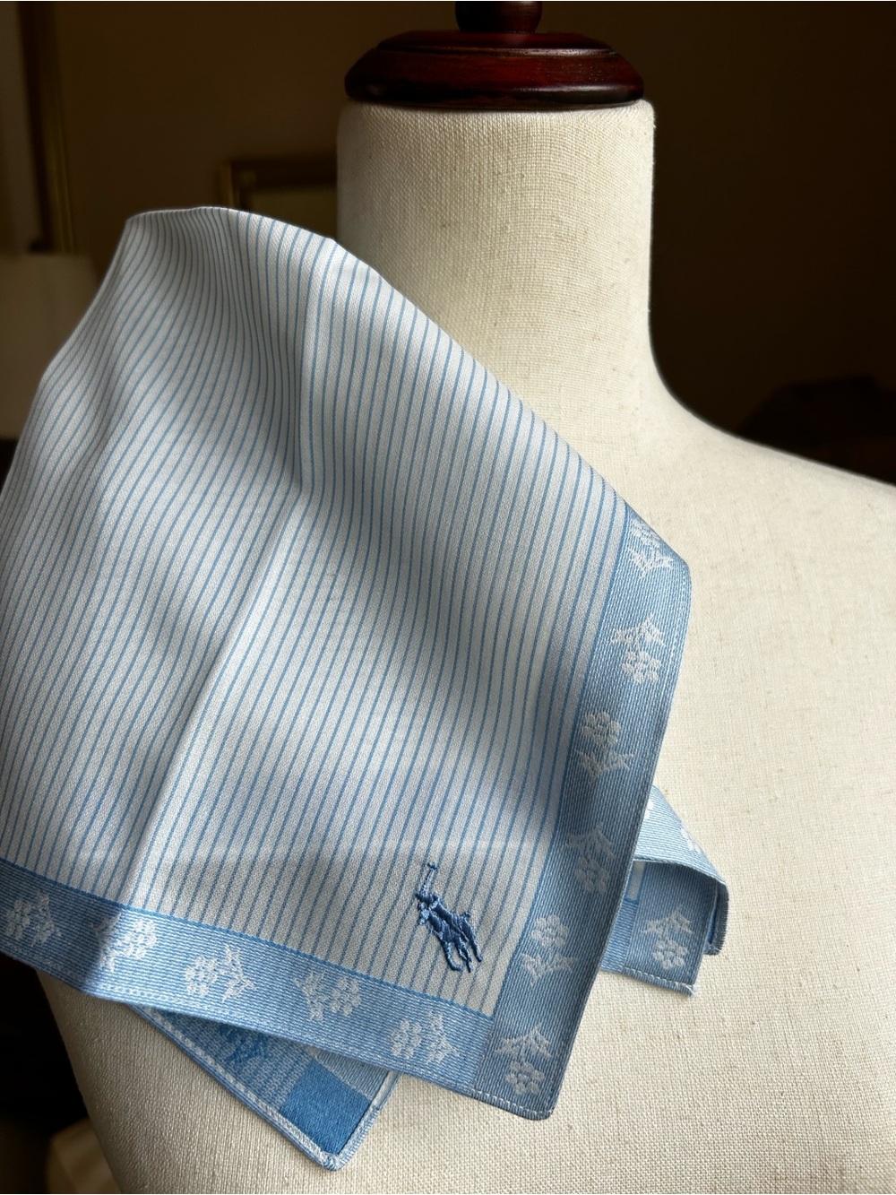 NWOT Vintage Ralph Lauren Baby Blue Striped Handkerchief w/woven Floral Jacquard
